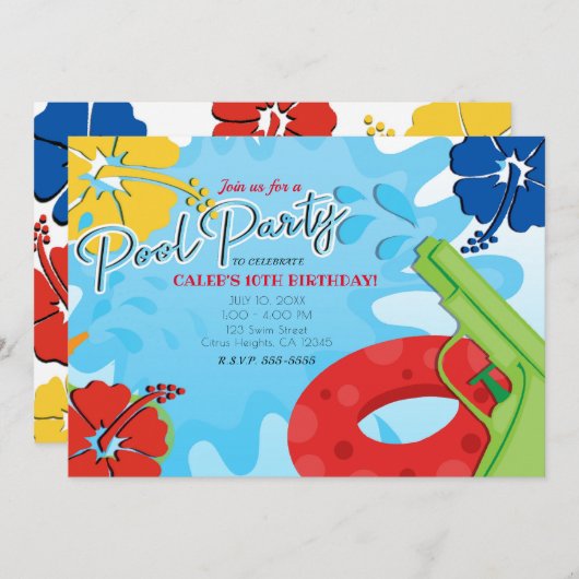 プールパーティースクールウォーターおもしろいサマーハイビスカス 招待状 (正面/裏面)