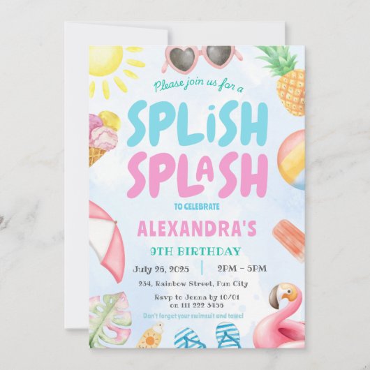 プールパーティースプラッシュサマー誕生日 招待状 (正面)
