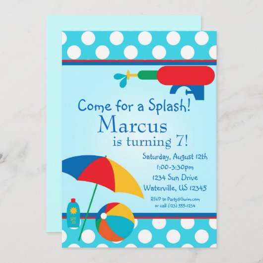 プールパーティーターコイズ水玉模様誕生日招待状 招待状 (正面/裏面)