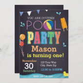 プールパーティーチャルクボード誕生日招待状 招待状 (正面/裏面)