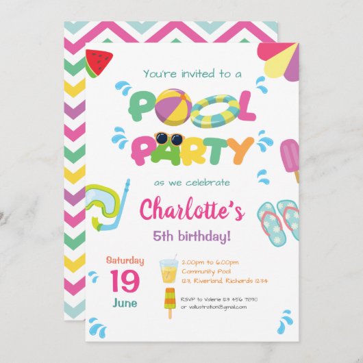 プールパーティーテーマ 招待状 (正面/裏面)