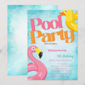 プールパーティートイズフラミンゴ誕生日 招待状 (正面/裏面)