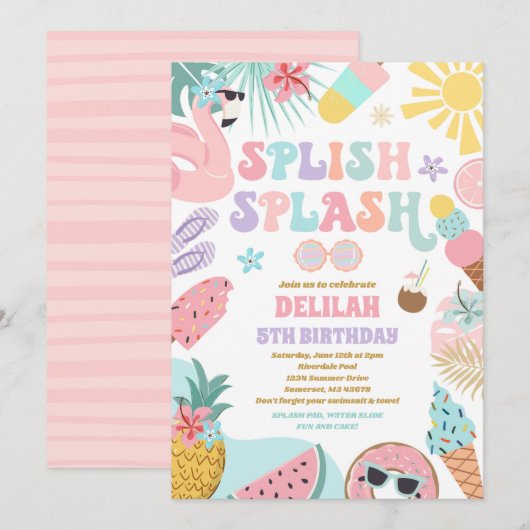 プールパーティートロピカルサマープールバースデーパーティー 招待状 (正面/裏面)