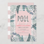 プールパーティートロピカル葉ピンク大人誕生日 招待状 (正面/裏面)