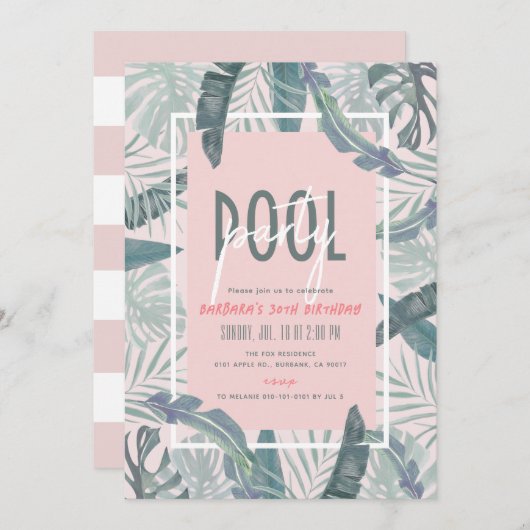プールパーティートロピカル葉ピンク大人誕生日 招待状 (正面/裏面)