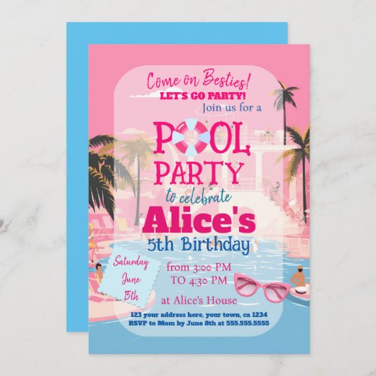 プールパーティードールマリブビーチ誕生日 招待状 (正面/裏面)