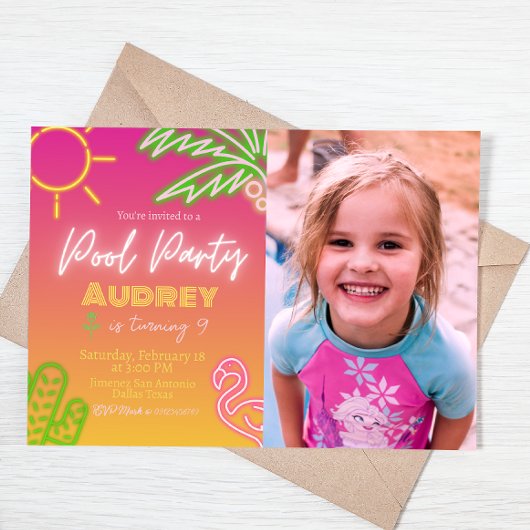 プールパーティーネオンピンク招待状と写真 招待状