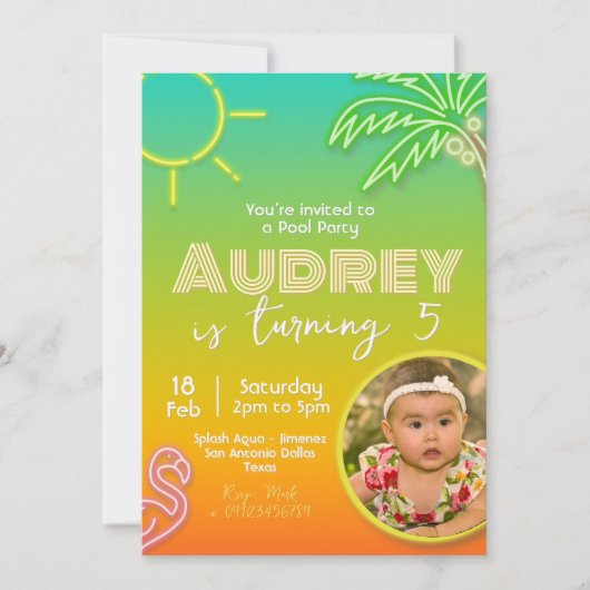 プールパーティーネオン – トロピカルアロハ写真 招待状 (正面)