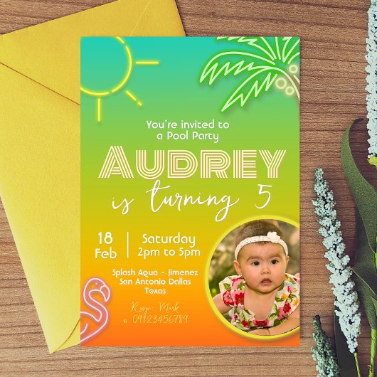 プールパーティーネオン – トロピカルアロハ写真 招待状