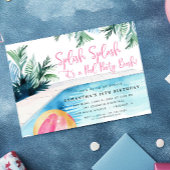 プールパーティーバッシュサマーガールズピンクの誕生日パーティー 招待状