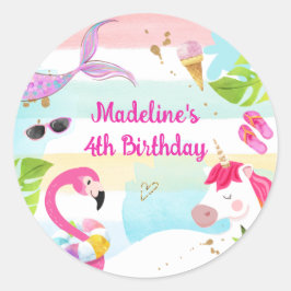 プールパーティーバッシュユニコーンマーメイドフラミンゴ誕生日 ラウンドシール