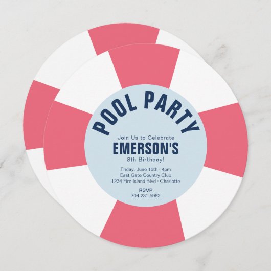 プールパーティーバースデーパーティーピンク招待状 招待状 (正面/裏面)