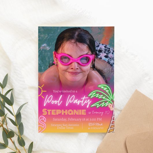 プールパーティーピンクとフォトミニマリスト 招待状