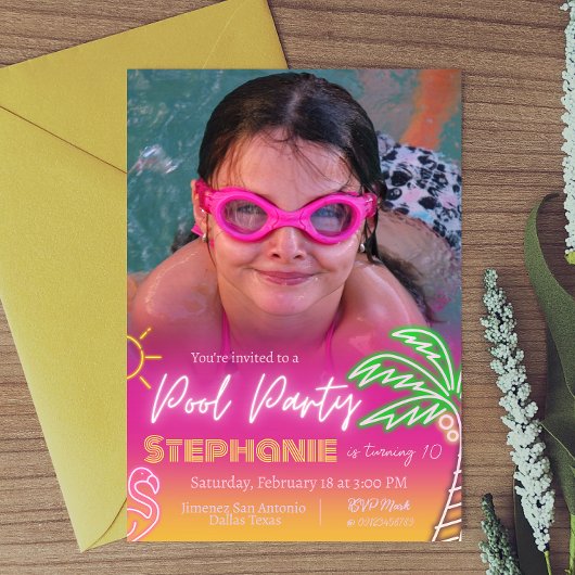 プールパーティーピンクとフォトミニマリスト 招待状