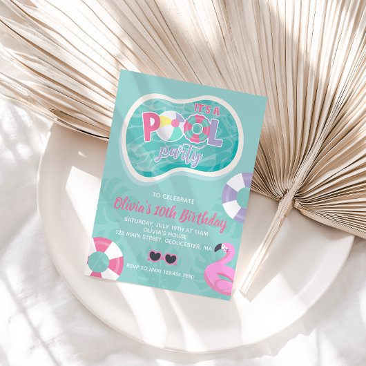 プールパーティーピンクプールフロートサマー誕生日 招待状