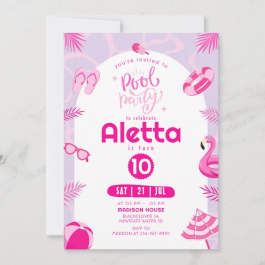 プールパーティーピンク編集可能誕生日招待状 招待状 (正面)