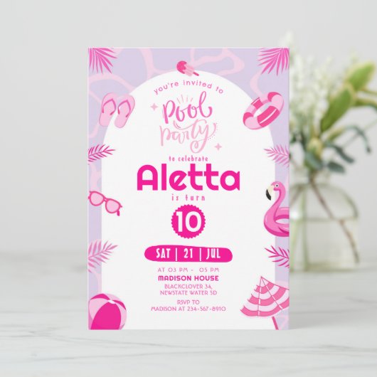 プールパーティーピンク編集可能誕生日招待状 招待状 (スタンド正面)
