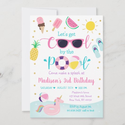 プールパーティーピンク金ゴールドガール誕生日 招待状 (正面)