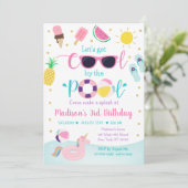 プールパーティーピンク金ゴールドガール誕生日 招待状 (スタンド正面)