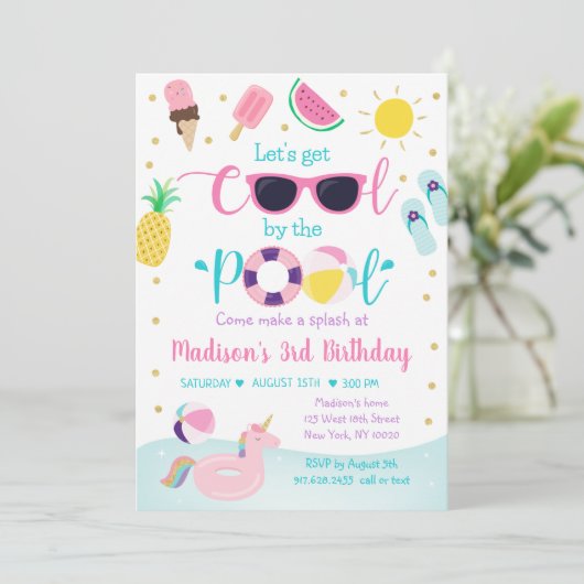 プールパーティーピンク金ゴールドガール誕生日 招待状 (スタンド正面)