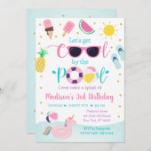 プールパーティーピンク金ゴールドガール誕生日 招待状 (正面/裏面)