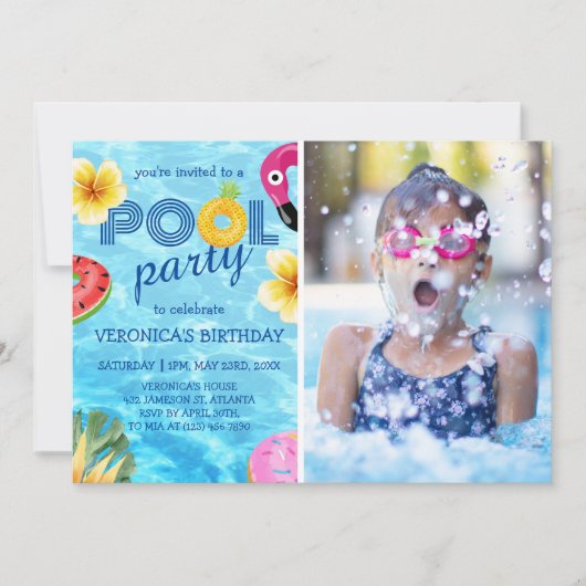 プールパーティーフォトサマー誕生日 招待状 (正面)