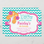 プールパーティーフリップフロップ誕生日パーティーの招待 招待状 (正面/裏面)