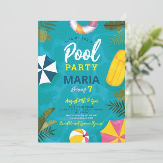 プールパーティーフロートサマー誕生日おもしろい招待状 招待状 (スタンド正面)