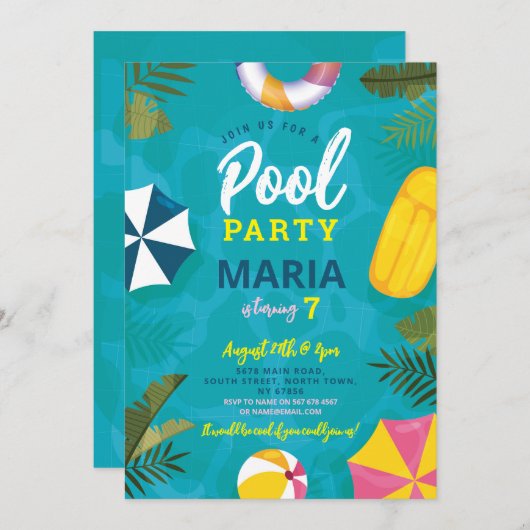 プールパーティーフロートサマー誕生日おもしろい招待状 招待状 (正面/裏面)