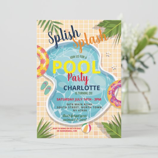 プールパーティーフロート 夏の誕生日 楽しい招待状 招待状 (スタンド正面)