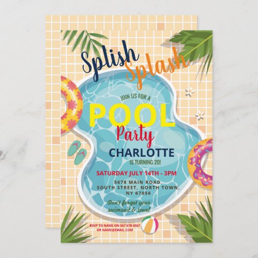 プールパーティーフロート 夏の誕生日 楽しい招待状 招待状 (正面/裏面)