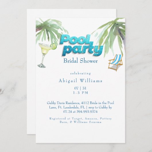 プールパーティーブライダルシャワーマルガリータ 招待状 (正面/裏面)