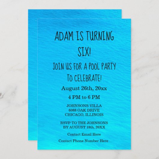 プールパーティーブルーウォーターパーソナライズされた名誕生日 招待状 (正面/裏面)