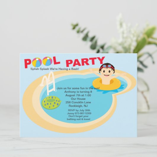プールパーティーボーイズ誕生日招待状 招待状 (スタンド正面)
