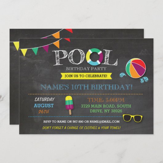 プールパーティーボーイズ/ガールズ誕生日ビーチサン招待状 招待状 (正面/裏面)