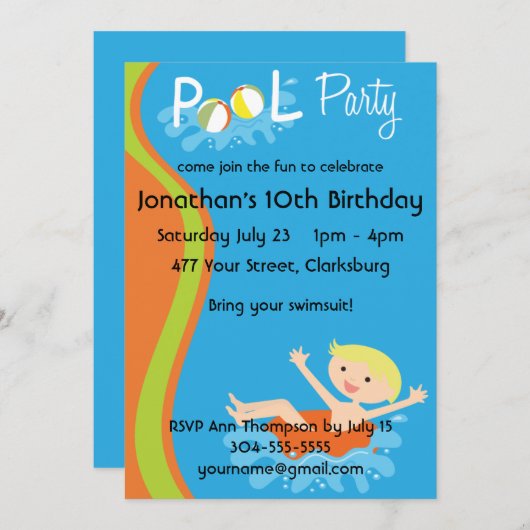 プールパーティーボーイブロンド 招待状 (正面/裏面)