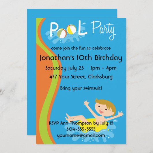 プールパーティーボーイレッドヘッド 招待状 (正面/裏面)