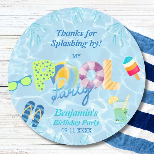 プールパーティーボーイ誕生日お願い有難う ラウンドシール