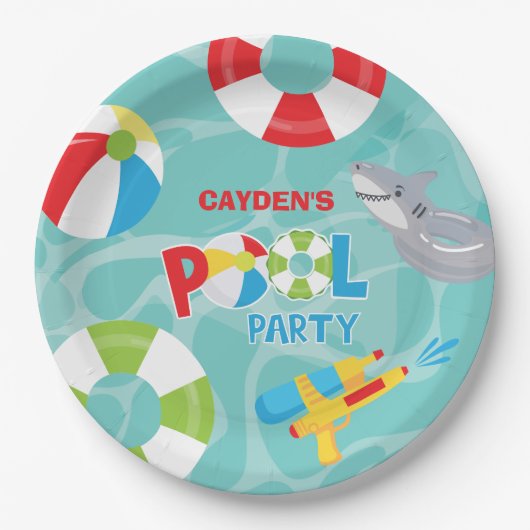 プールパーティーボーイ誕生日シャークフロート ペーパープレート (正面)