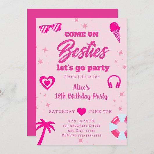 プールパーティーマリブピンクドールビーチ誕生日 招待状 (正面/裏面)