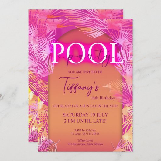 プールパーティーマリブ誕生日 招待状 (正面/裏面)