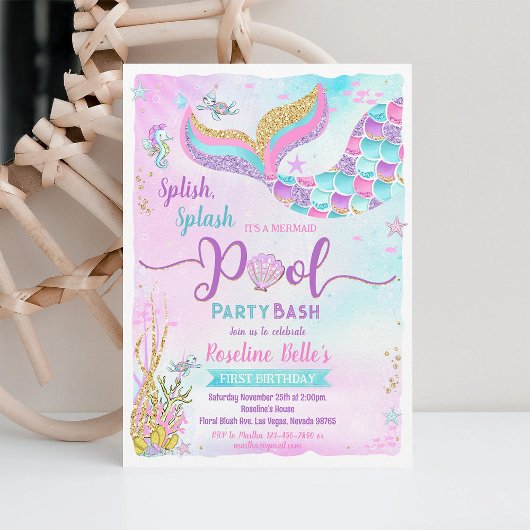 プールパーティーマーメイドアンダーザシー誕生日 招待状