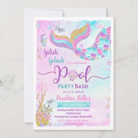 プールパーティーマーメイドアンダーザシー誕生日 招待状 (正面)