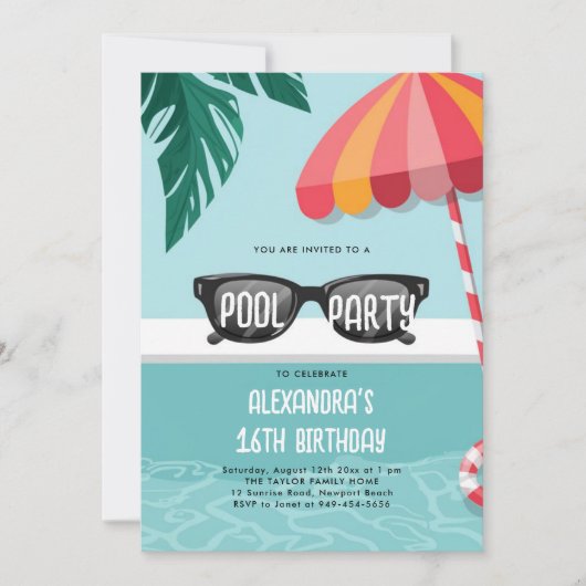 プールパーティーモダントロピカルリーフおもしろいかわいいスイーツ16 招待状 (正面)