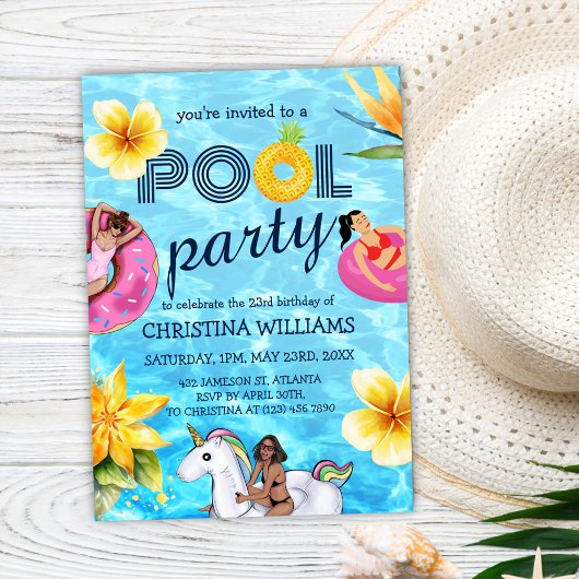 プールパーティーモダン熱帯夏誕生日 招待状