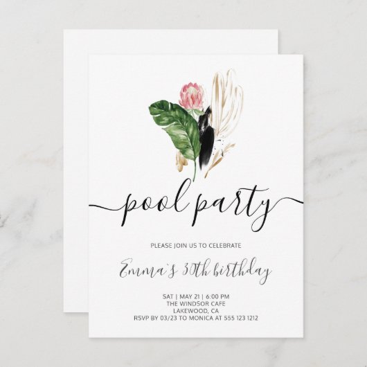 プールパーティーモダン誕生日 インビテーションポストカード (正面/裏面)