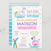プールパーティーユニコーンサマーガール誕生日招待状 セーブザデート (正面/裏面)