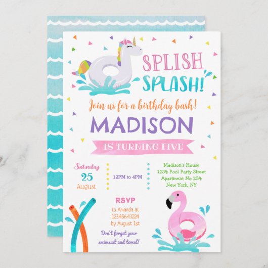 プールパーティーユニコーンサマーガール誕生日招待状 セーブザデート
