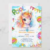 プールパーティーユニコーンサマー誕生日 招待状 (正面)