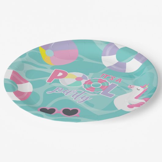 プールパーティーユニコーンピンク&パープル誕生日 ペーパープレート (アングル)